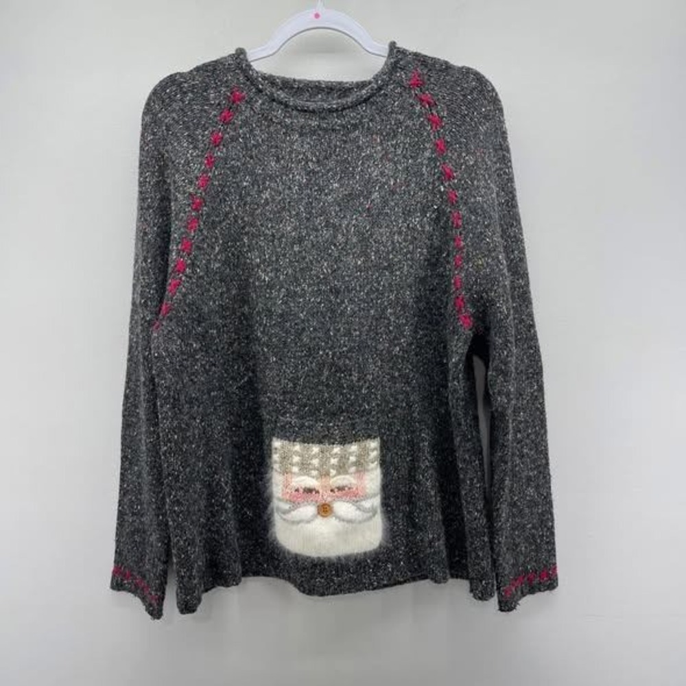VTG Northern Isles Santa Sweater‎ Womens XL Gray Marled Christmas Holiday